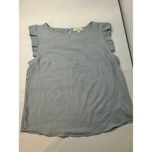 Monteau Blue and White Striped Ruffle Sleeve Blouse